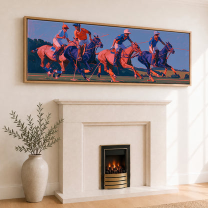 Vibrant Polo Charge Polo Horse panoramic canvas wall art displayed above a fireplace