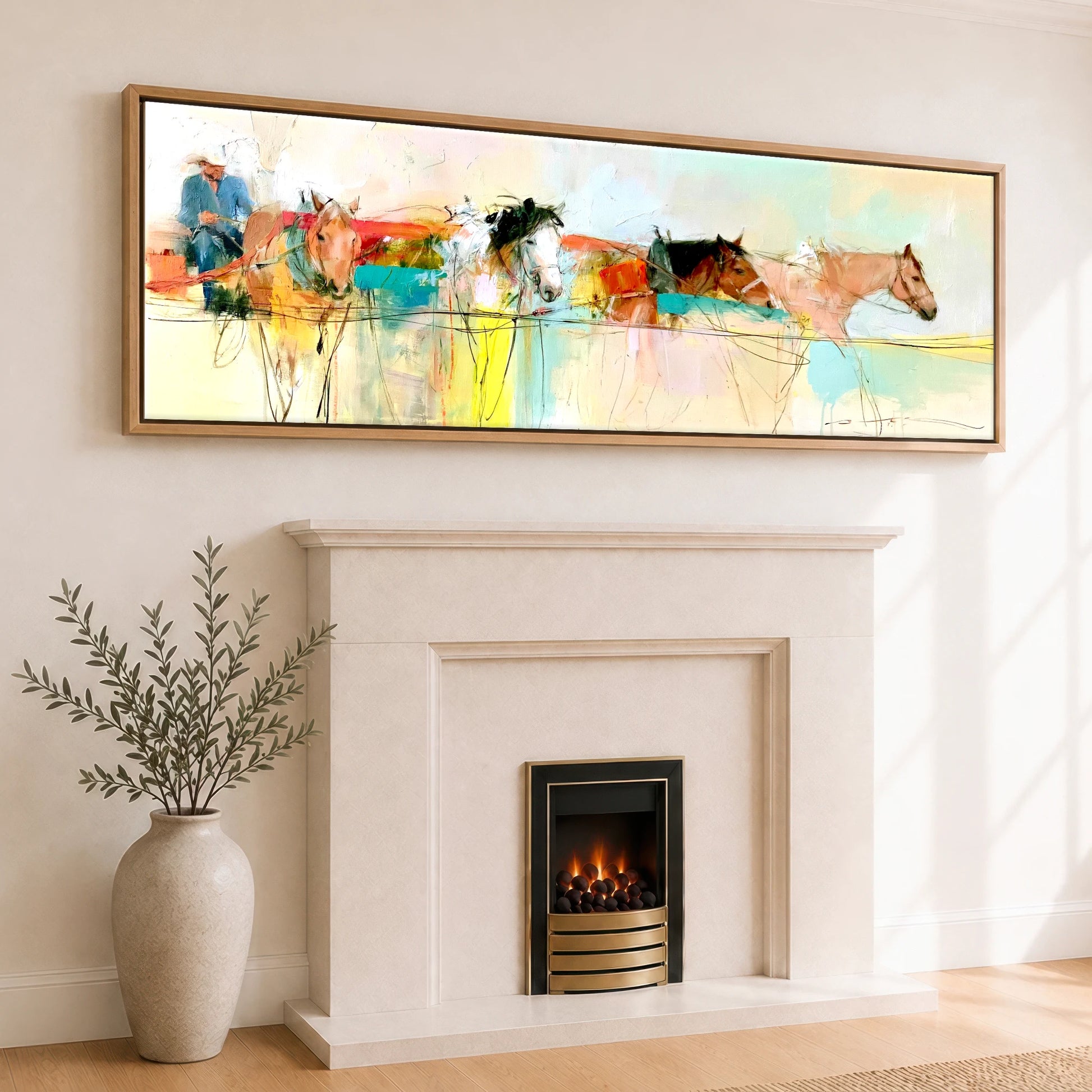 The Working String Working Horse panoramic canvas wall art displayed above a fireplace