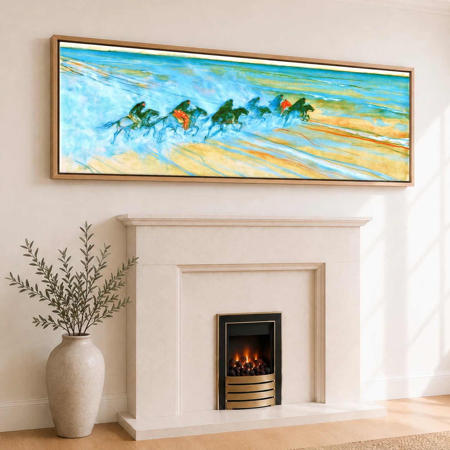 Racing the Tide Beach Horse panoramic canvas wall art displayed above a fireplace