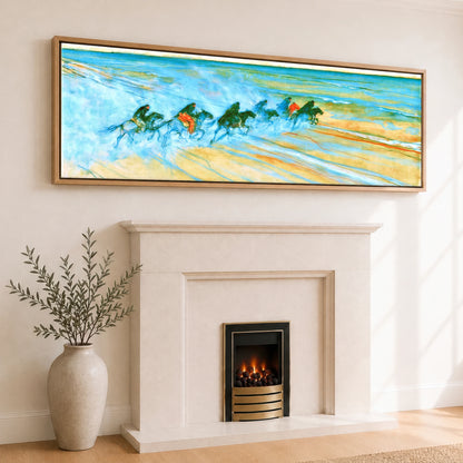 Racing the Tide Beach Horse panoramic canvas wall art displayed above a fireplace