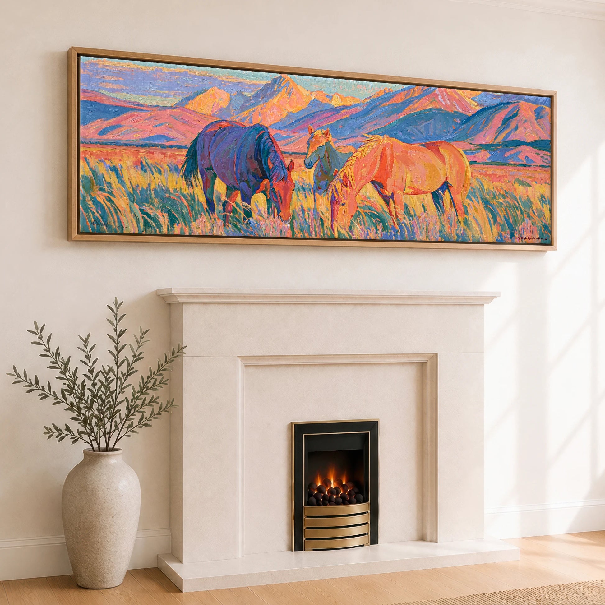 Vibrant High Country Grazing Horse Landscape panoramic canvas wall art displayed above a fireplace