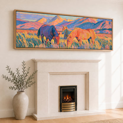 Vibrant High Country Grazing Horse Landscape panoramic canvas wall art displayed above a fireplace