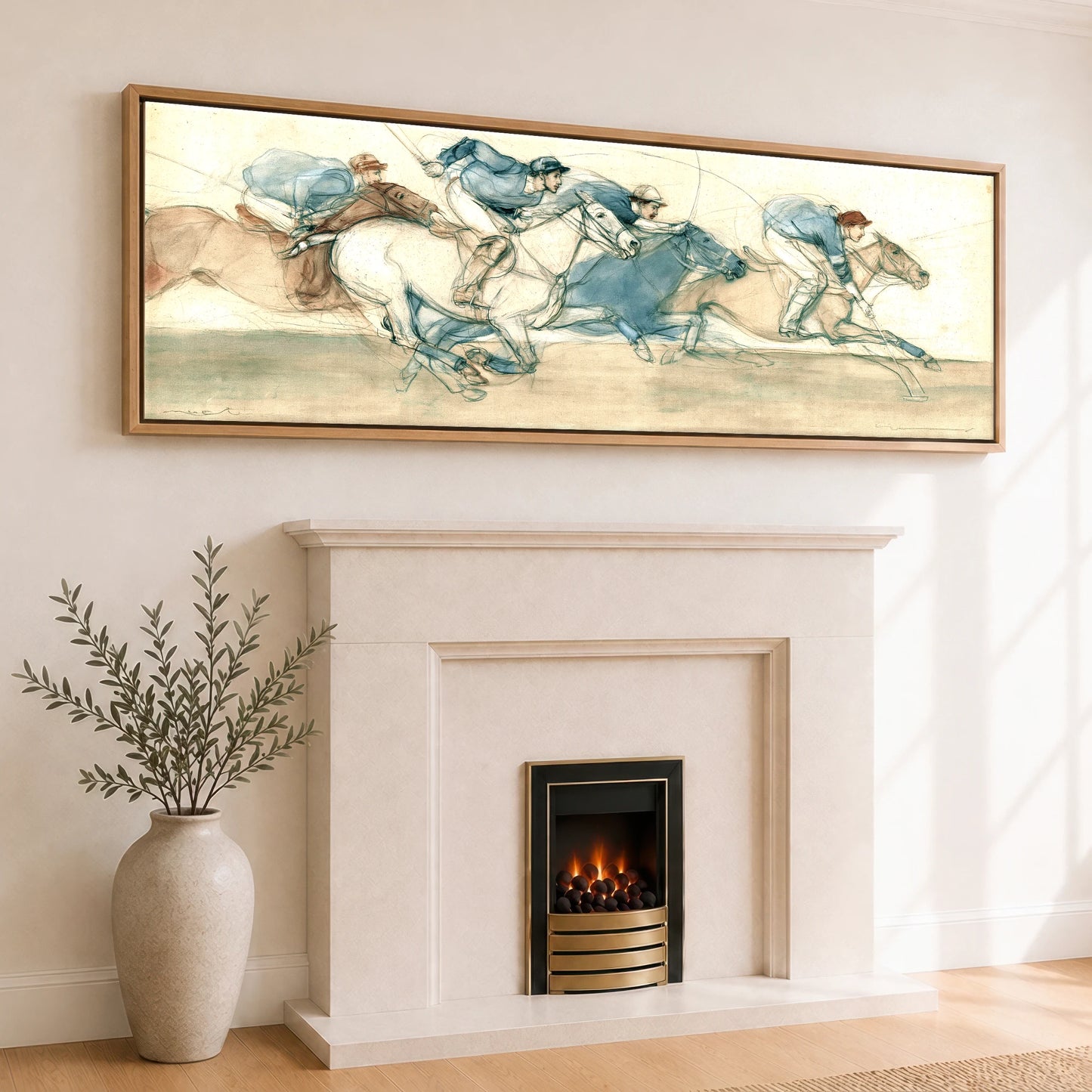 The Polo Sequence Polo Horse panoramic canvas wall art displayed above a fireplace