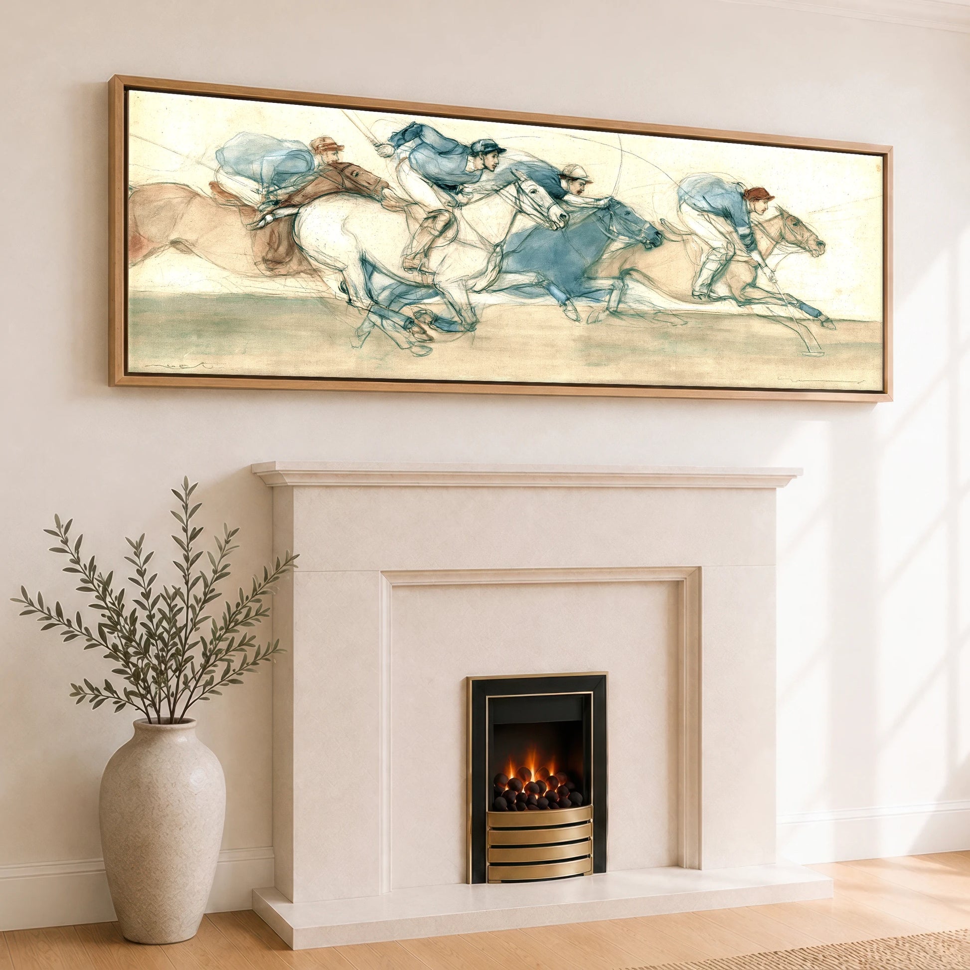 The Polo Sequence Polo Horse panoramic canvas wall art displayed above a fireplace