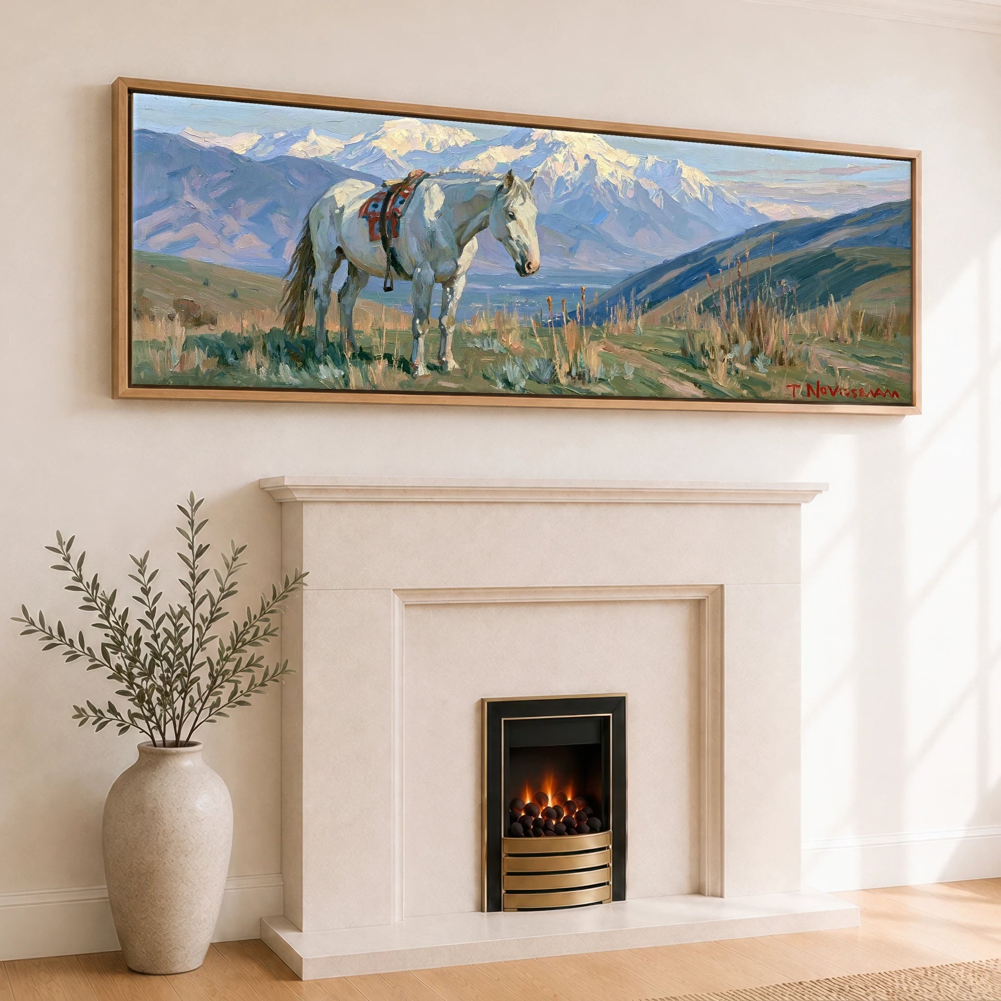 High Country Trail Horse Landscape panoramic canvas wall art displayed above a fireplace