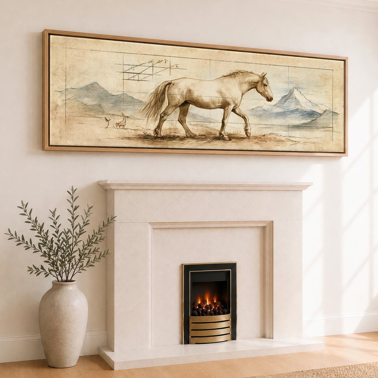 Classical Equine Study Horse Landscape panoramic canvas wall art displayed above a fireplace