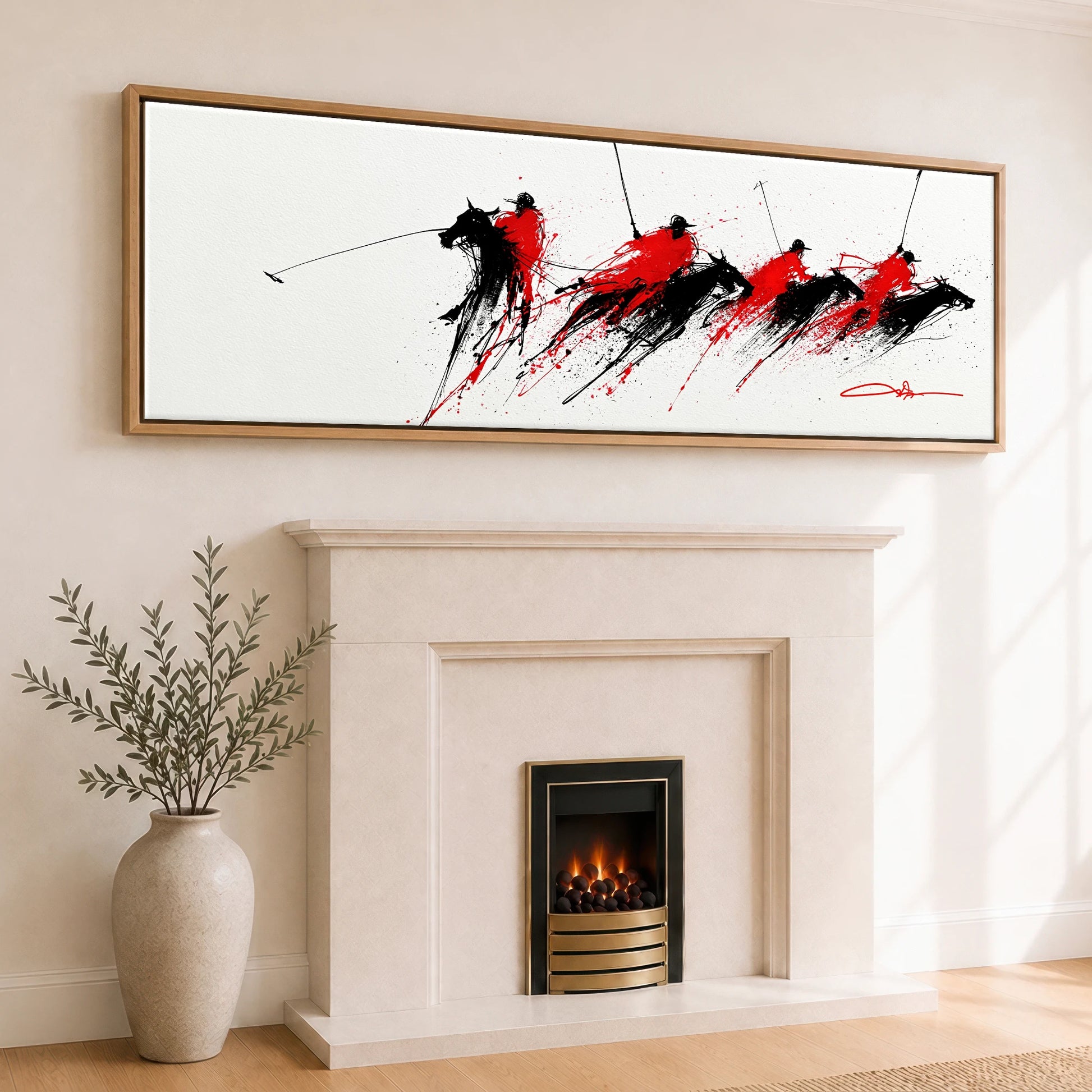 Crimson Polo Pursuit Polo Horse panoramic canvas wall art displayed above a fireplace