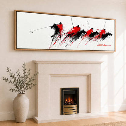 Crimson Polo Pursuit Polo Horse panoramic canvas wall art displayed above a fireplace