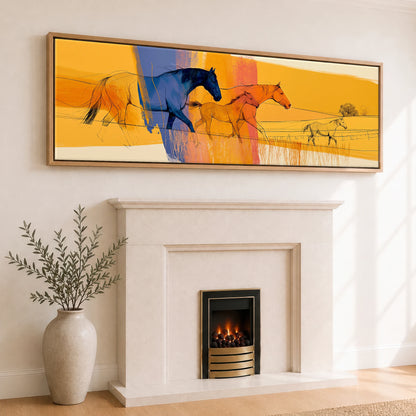 Prismatic Plains Horse Landscape panoramic canvas wall art displayed above a fireplace