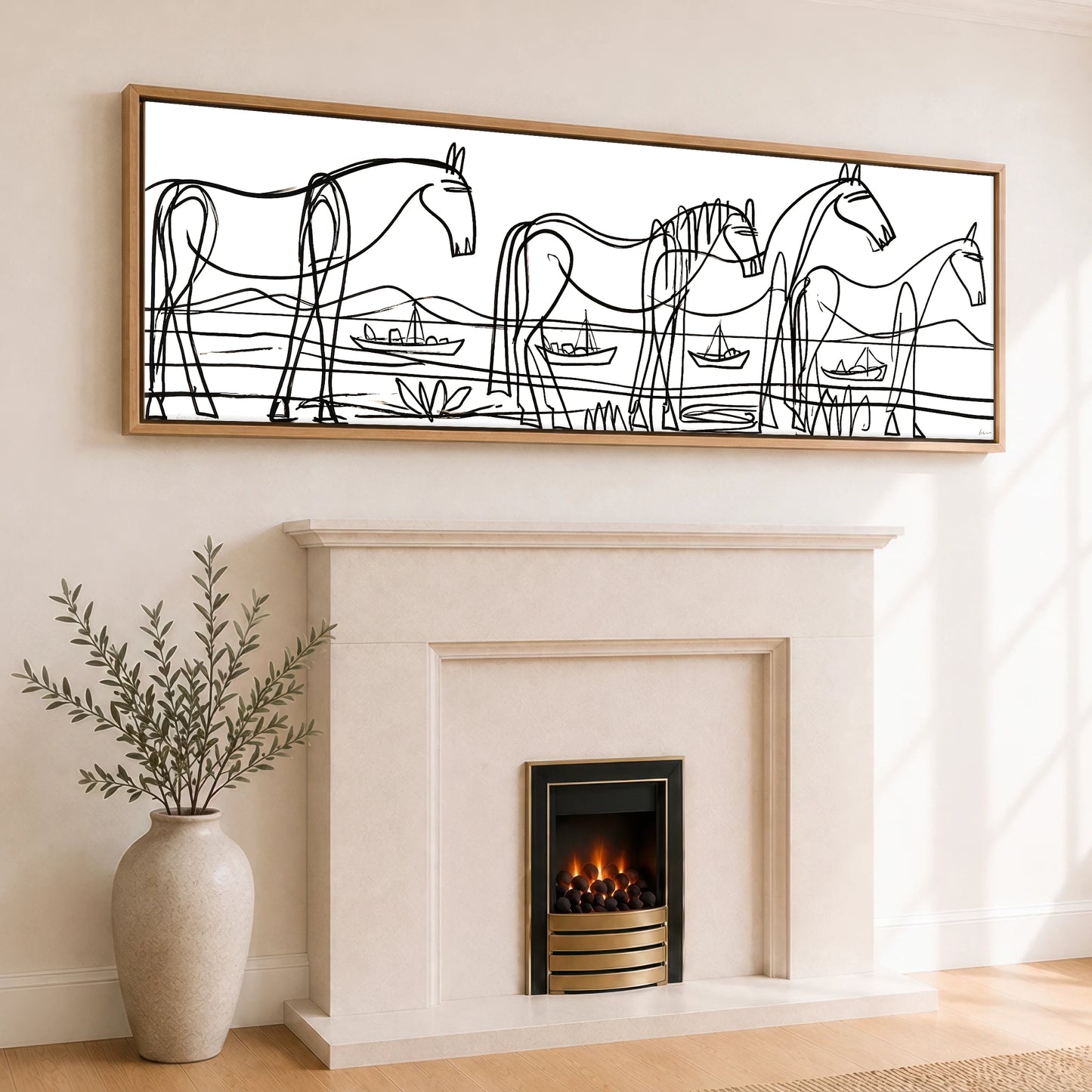 Equine Coastal Rhythm Horse Landscape panoramic canvas wall art displayed above a fireplace