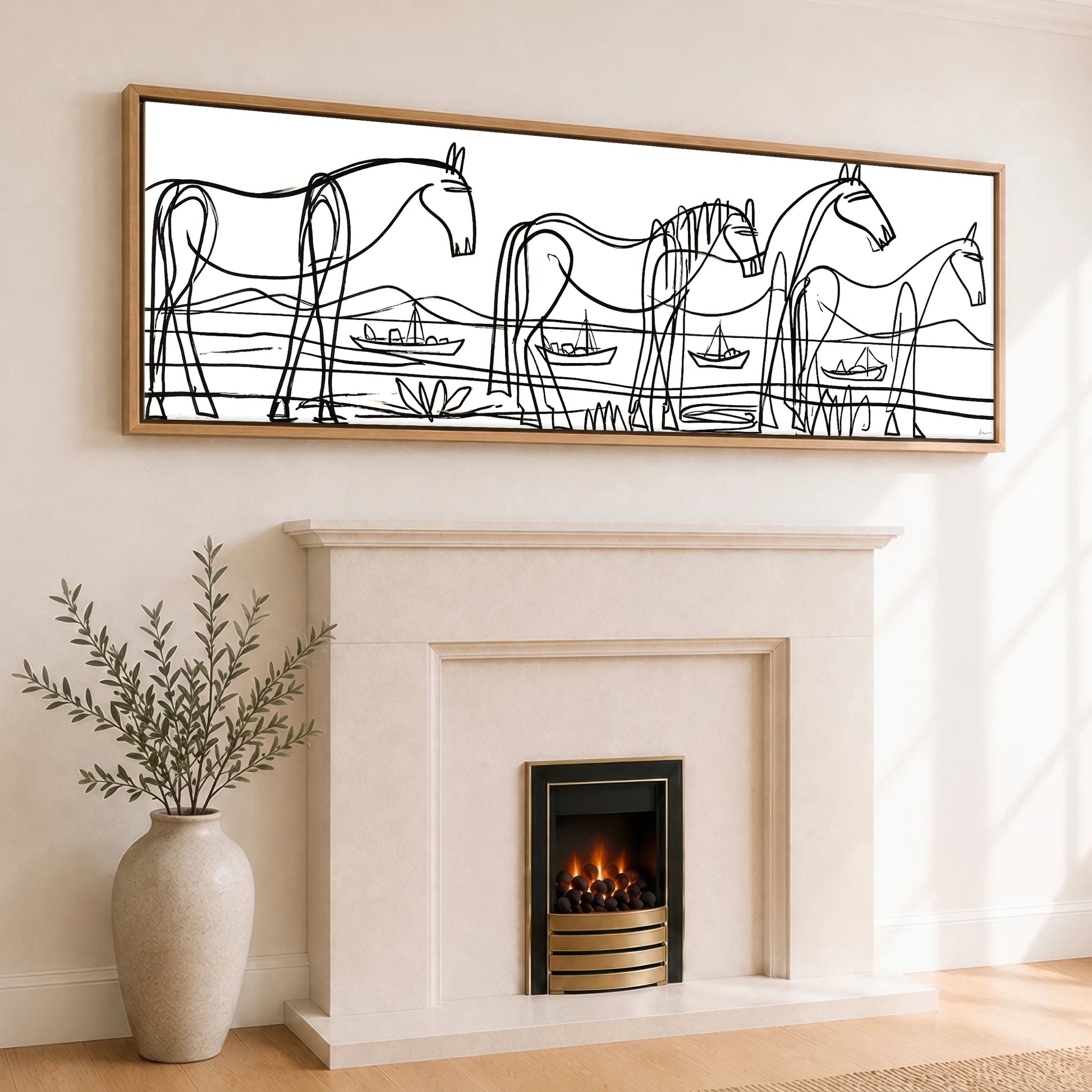 Equine Coastal Rhythm Horse Landscape panoramic canvas wall art displayed above a fireplace