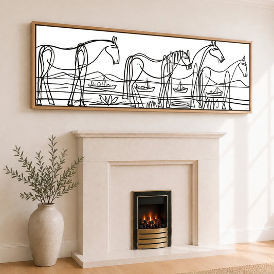 Equine Coastal Rhythm Horse Landscape panoramic canvas wall art displayed above a fireplace