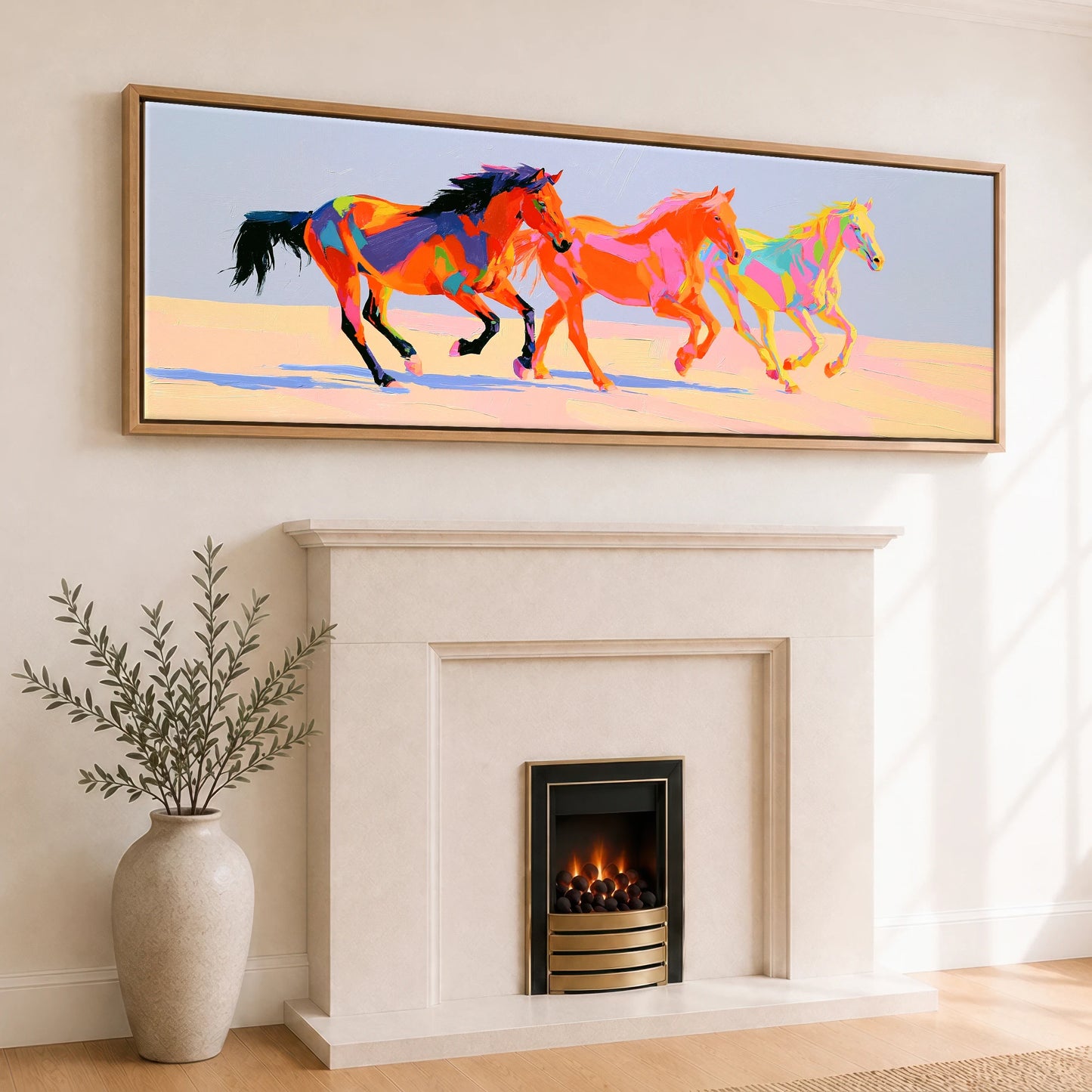 Vivid Stride Horse Landscape panoramic canvas wall art displayed above a fireplace