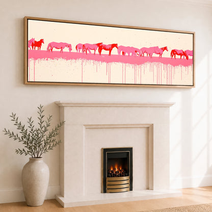 Vibrant Equine Wash Wild Horses panoramic canvas wall art displayed above a fireplace