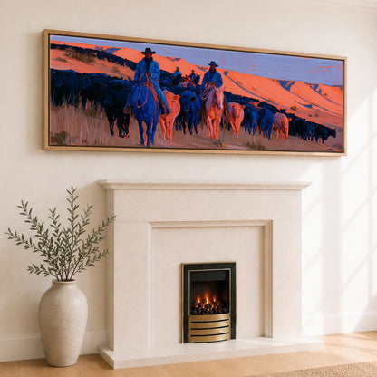 Indigo Western Trail Western Horse panoramic canvas wall art displayed above a fireplace