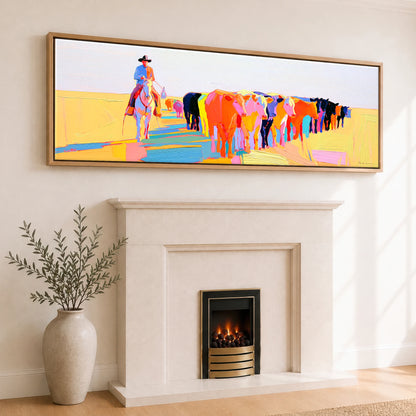 Vibrant Cattle Drive Western Horse panoramic canvas wall art displayed above a fireplace