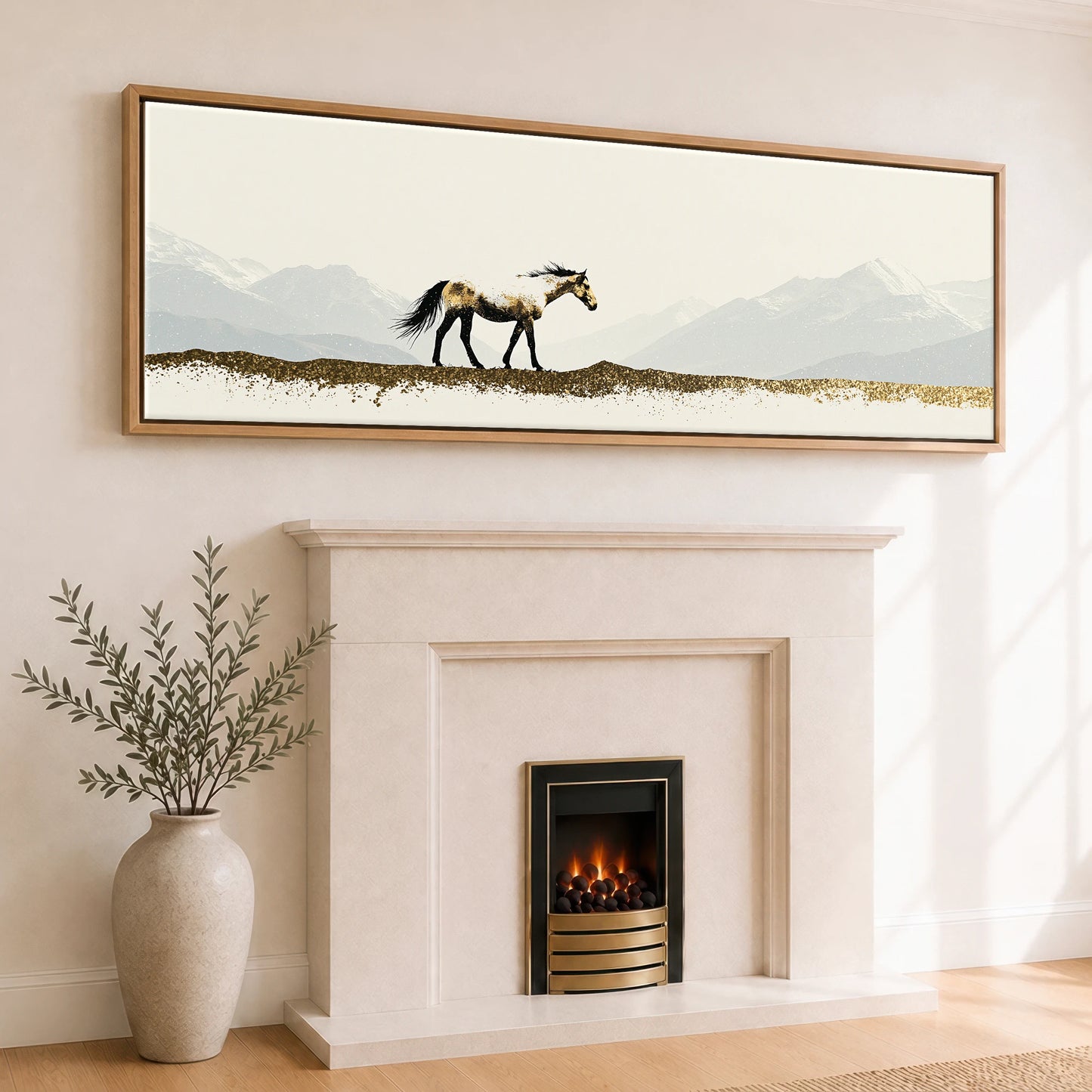 Gilded Alpine Wanderer Horse Landscape panoramic canvas wall art displayed above a fireplace