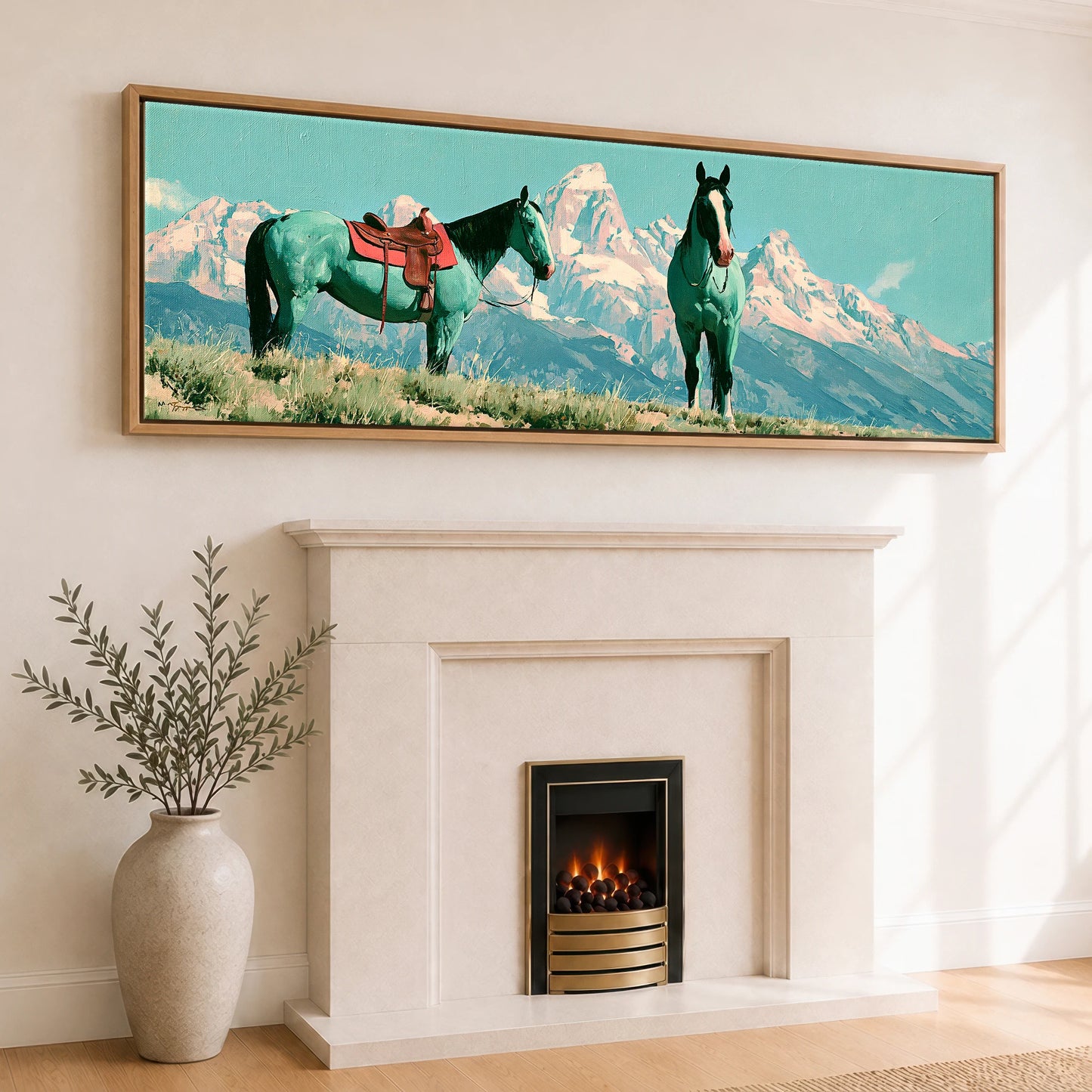 Vivid High Country Horse Landscape panoramic canvas wall art displayed above a fireplace