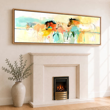 Vibrant Equine Horizon Horse Landscape panoramic canvas wall art displayed above a fireplace