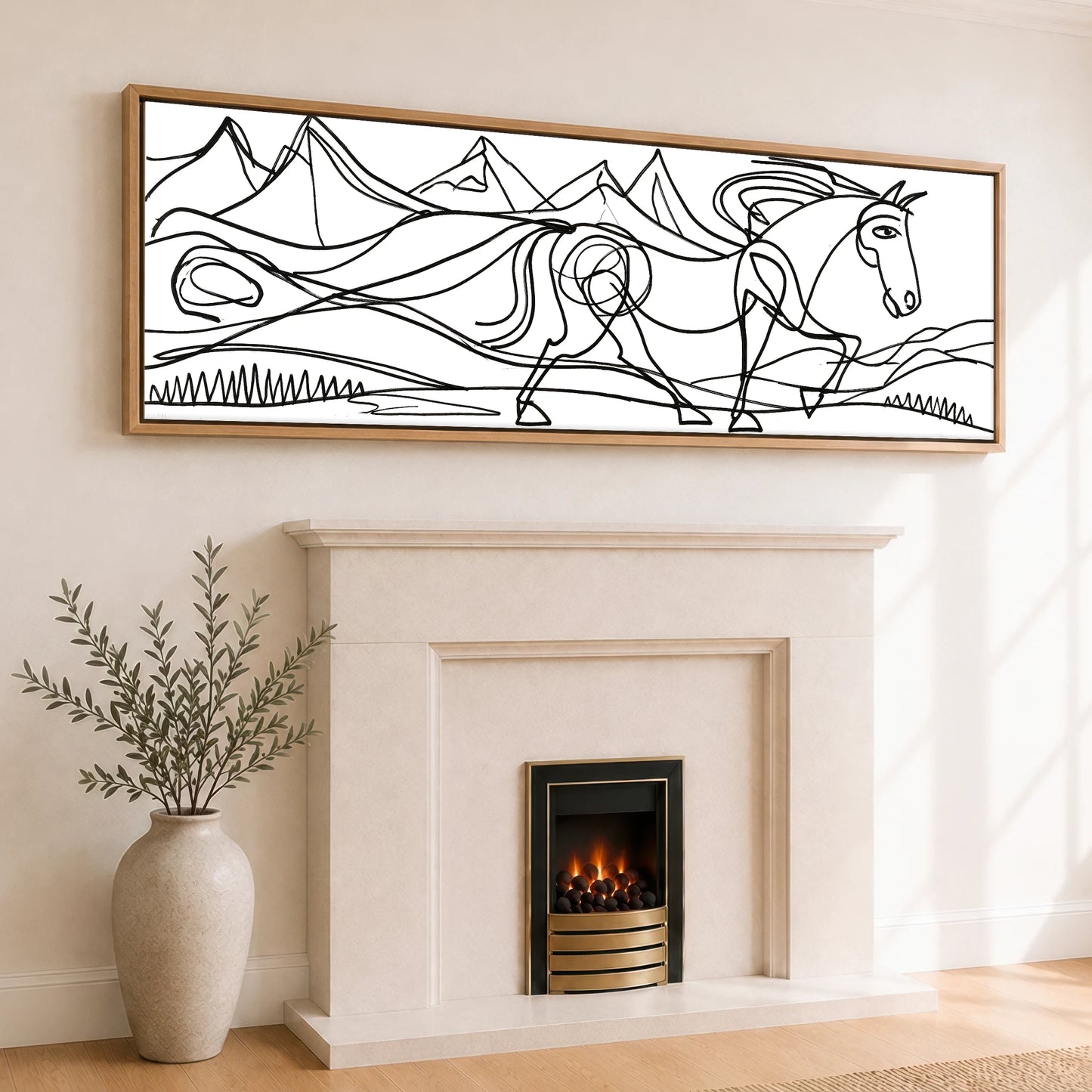 Bold Equine Contours Horse Landscape panoramic canvas wall art displayed above a fireplace