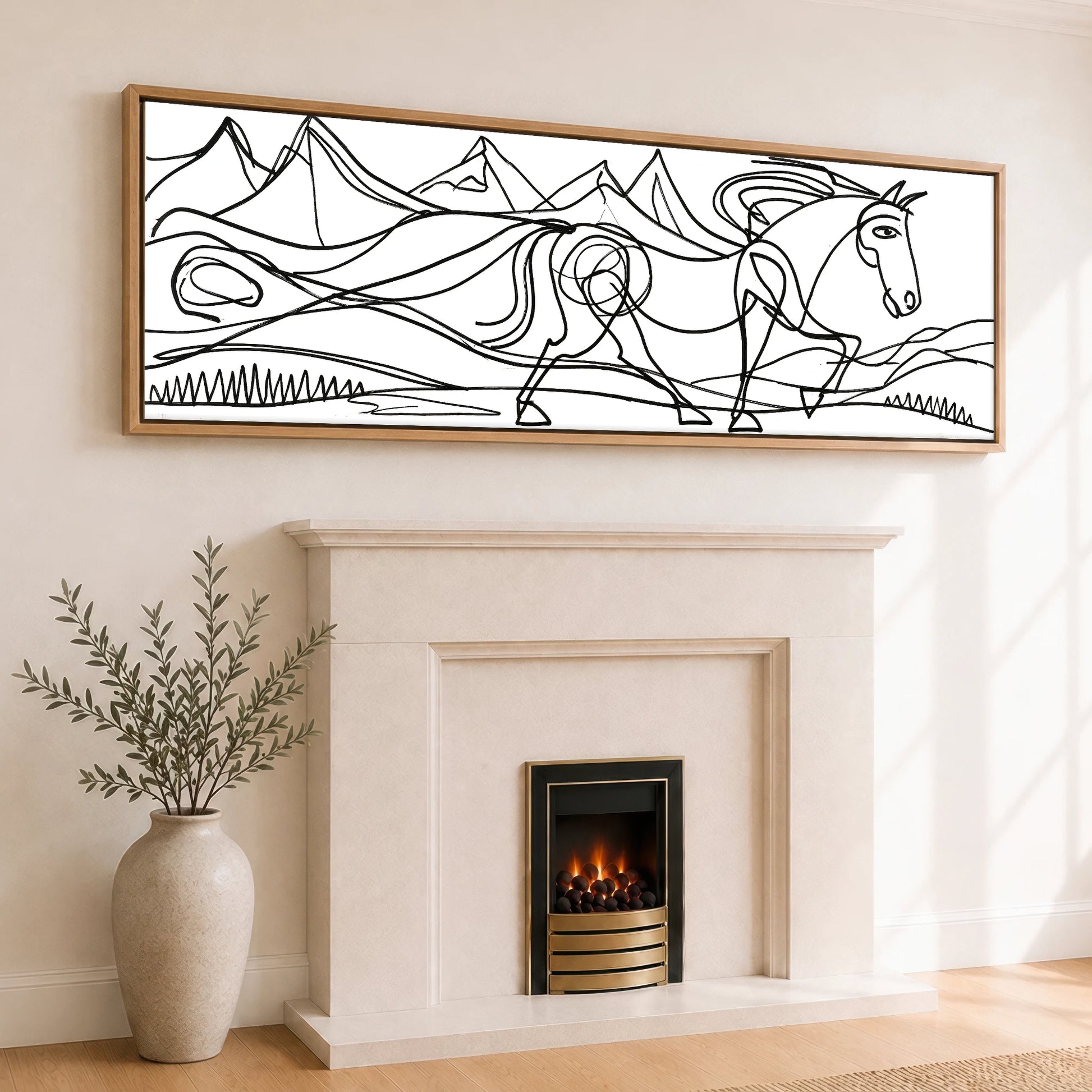 Bold Equine Contours Horse Landscape panoramic canvas wall art displayed above a fireplace