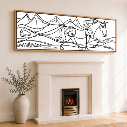 Bold Equine Contours Horse Landscape panoramic canvas wall art displayed above a fireplace
