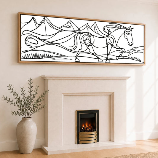 Bold Equine Contours Horse Landscape panoramic canvas wall art displayed above a fireplace