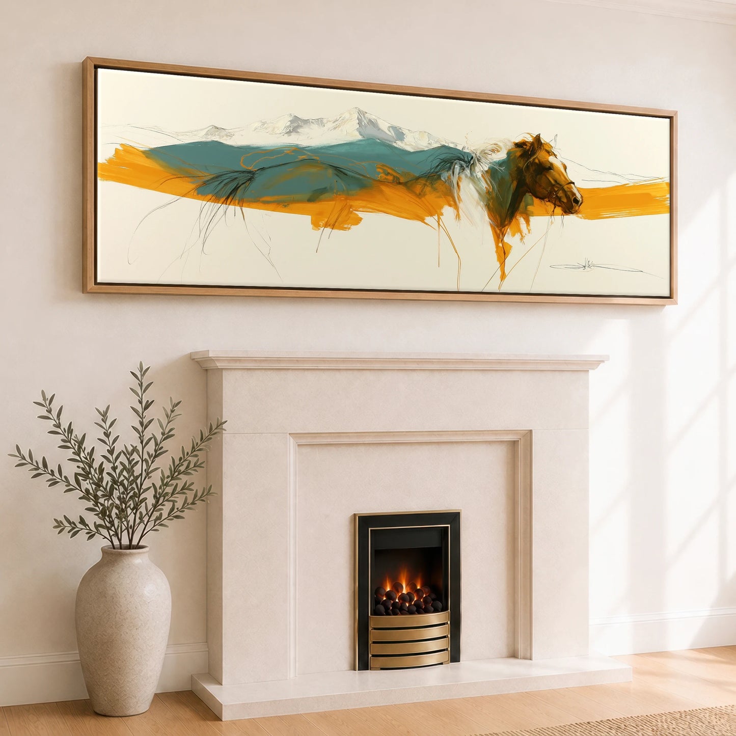 Amber Mountain Horizon Horse Landscape panoramic canvas wall art displayed above a fireplace