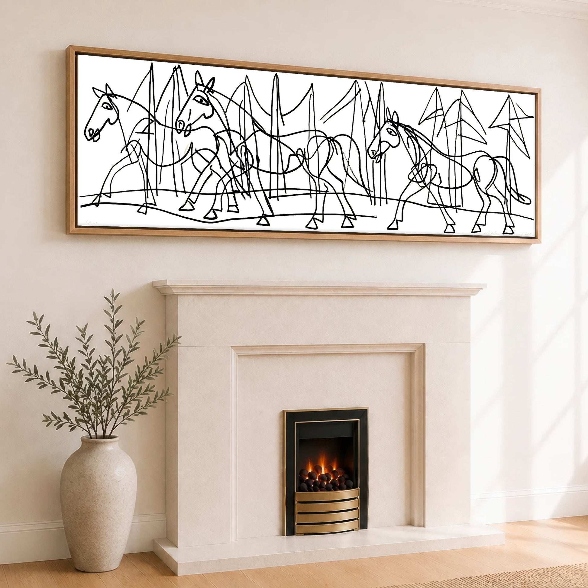 Abstract Equine Contours Horse Landscape panoramic canvas wall art displayed above a fireplace
