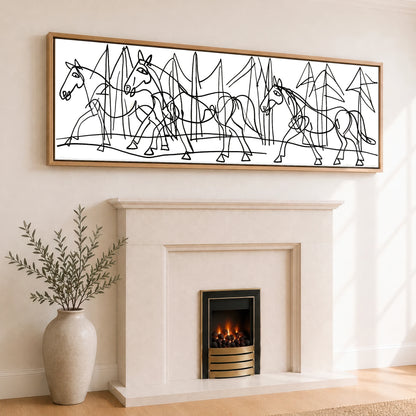 Abstract Equine Contours Horse Landscape panoramic canvas wall art displayed above a fireplace