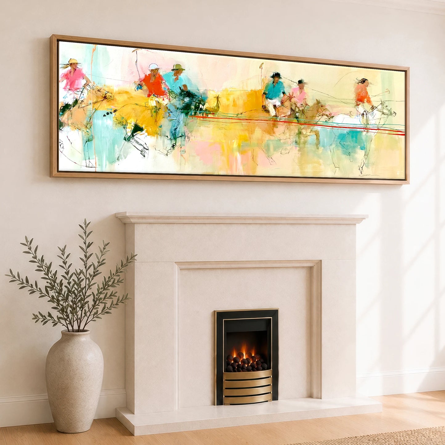 The Final Chukka Polo Horse panoramic canvas wall art displayed above a fireplace