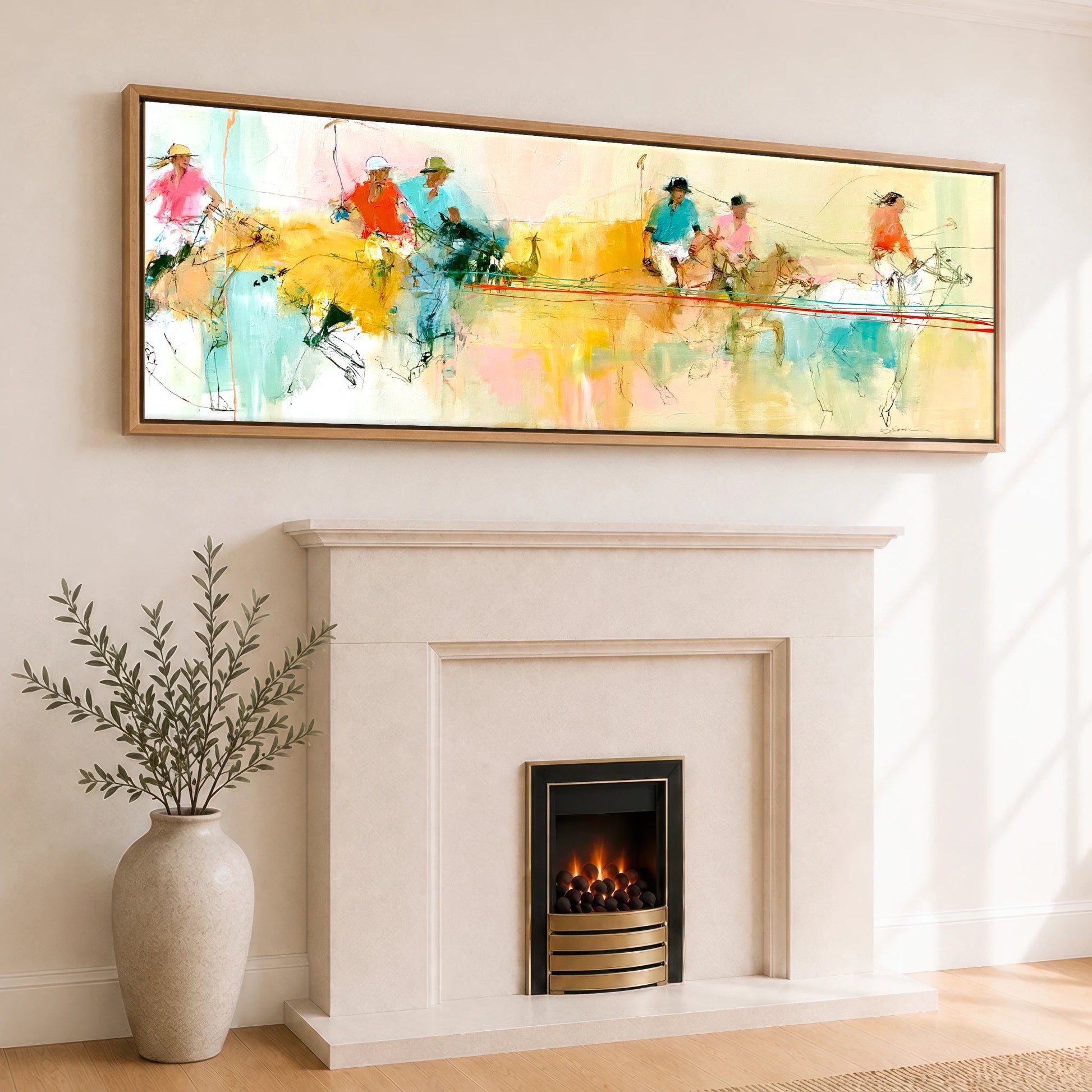 The Final Chukka Polo Horse panoramic canvas wall art displayed above a fireplace
