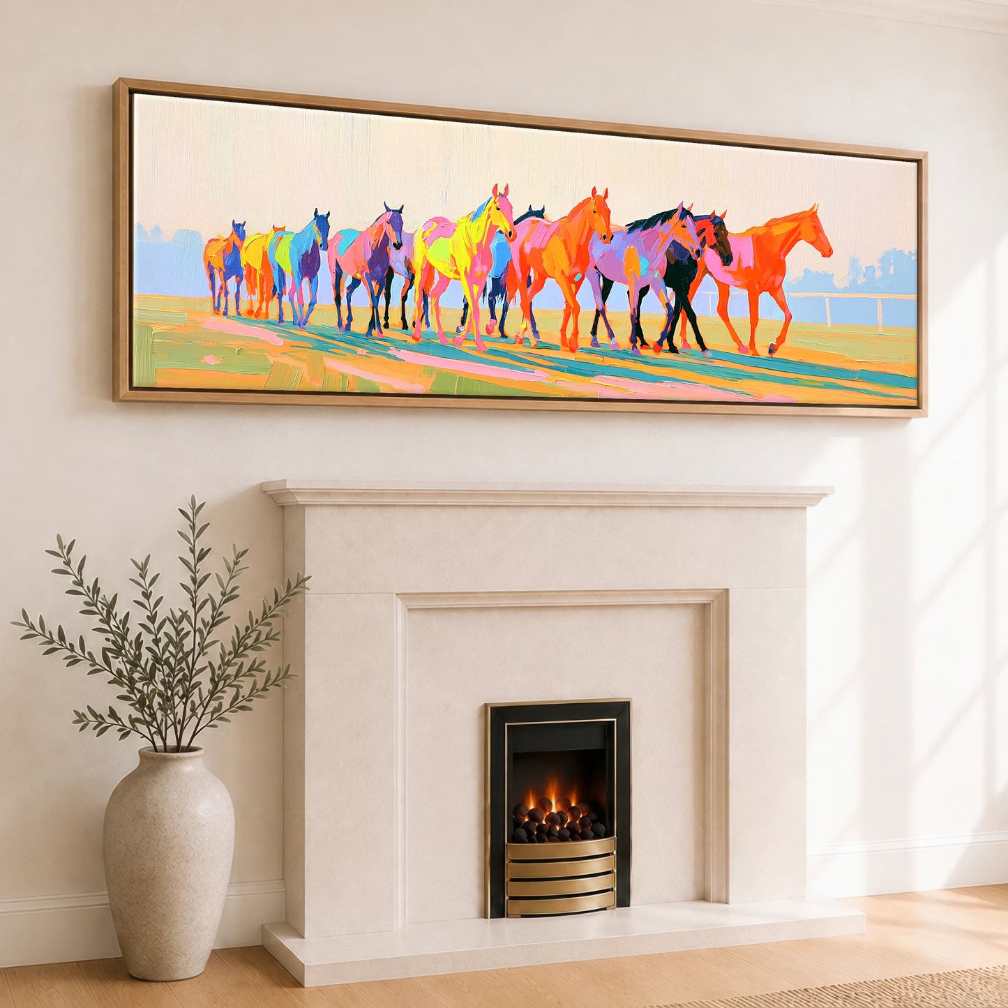 Vibrant Racing String Racing Horse panoramic canvas wall art displayed above a fireplace