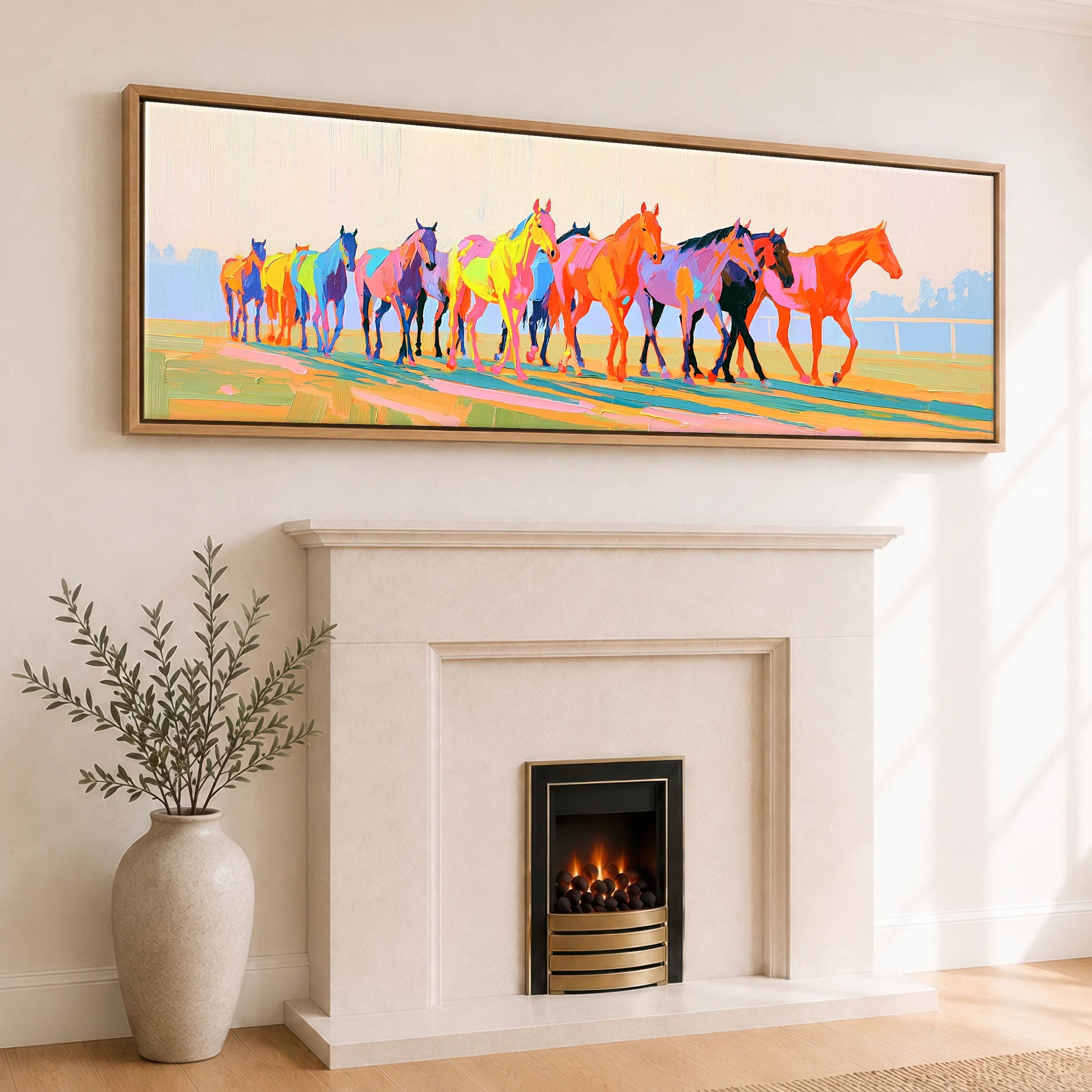 Vibrant Racing String Racing Horse panoramic canvas wall art displayed above a fireplace