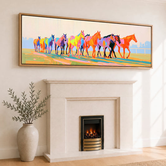 Vibrant Racing String Racing Horse panoramic canvas wall art displayed above a fireplace