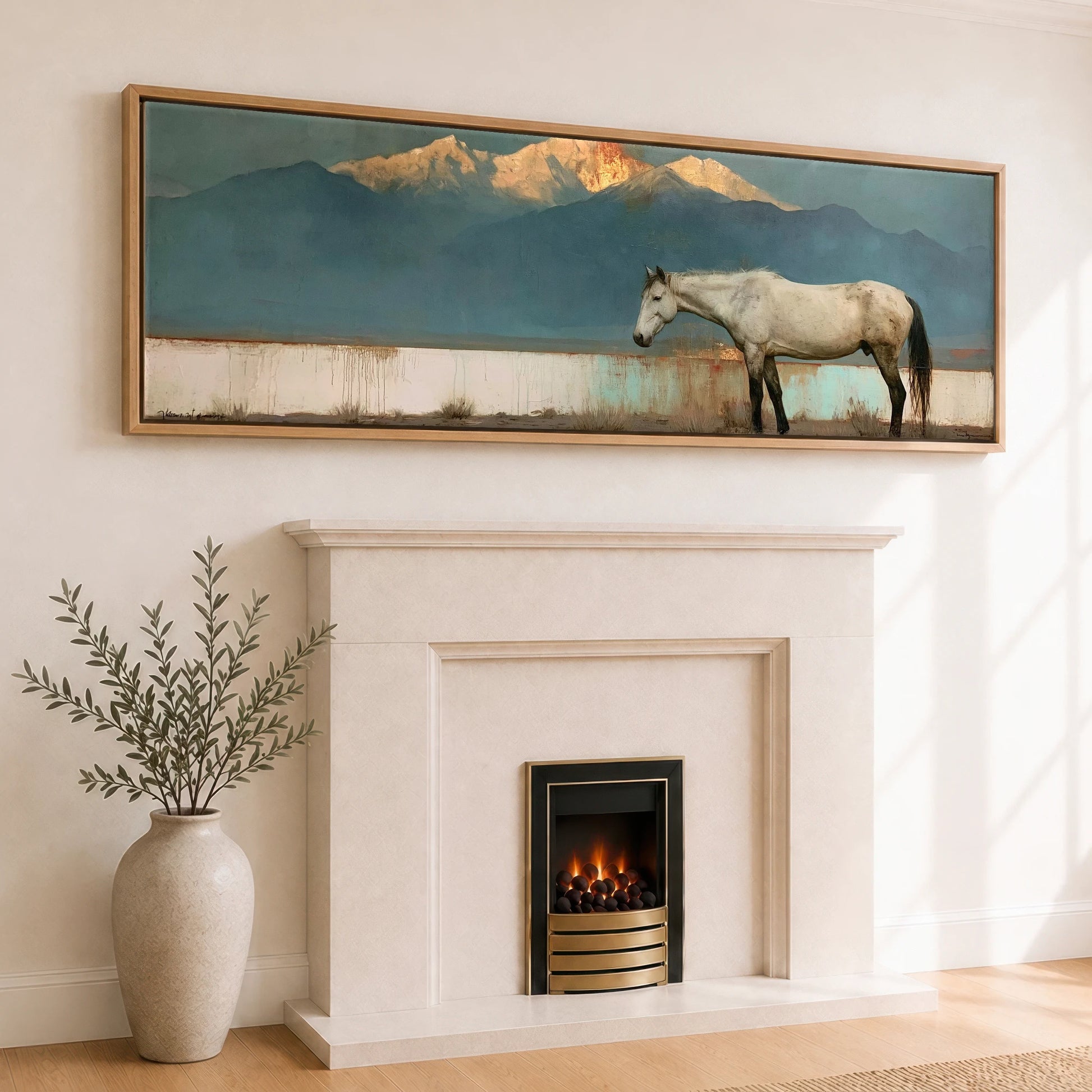 The Gilded Peak Horse Landscape panoramic canvas wall art displayed above a fireplace