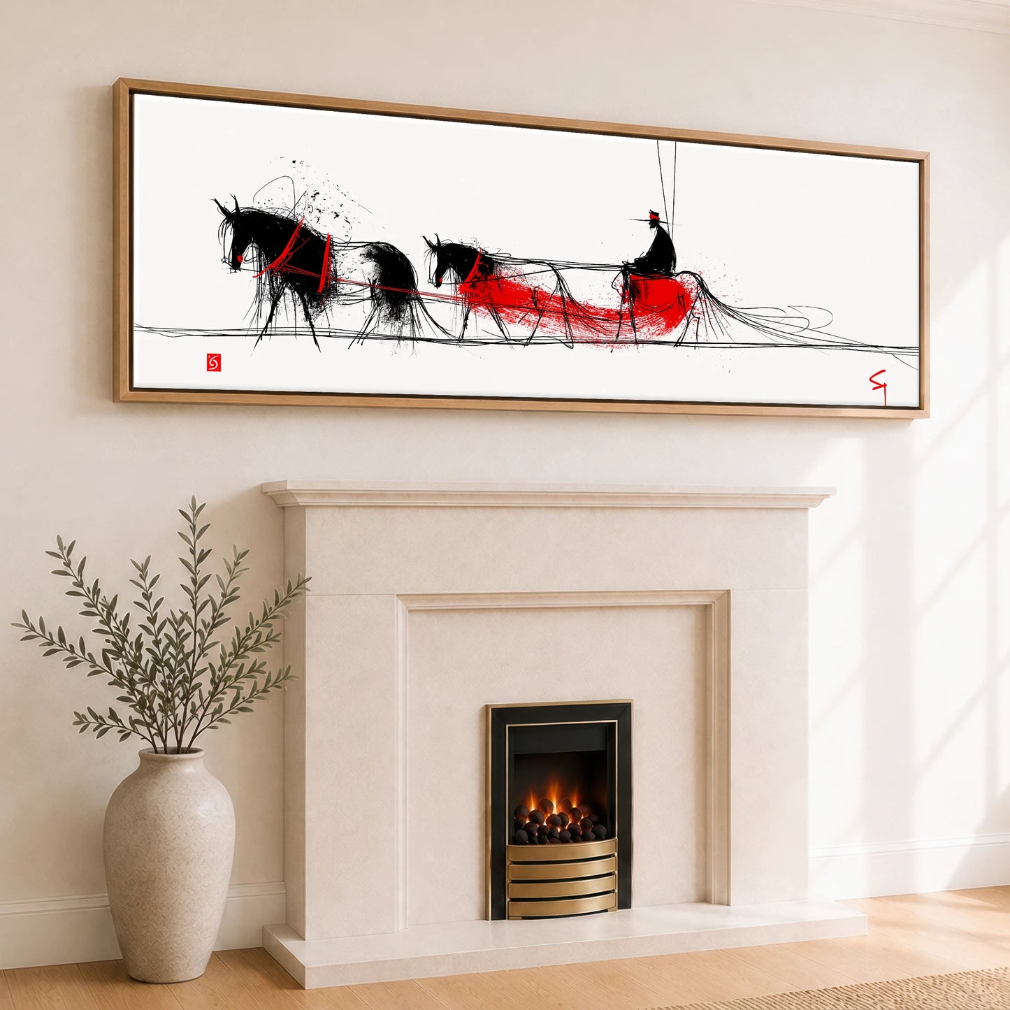Crimson Ink Drive Working Horse panoramic canvas wall art displayed above a fireplace