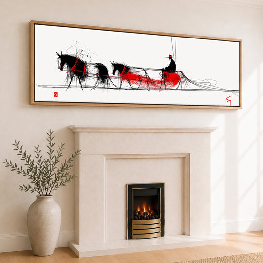 Crimson Ink Drive Working Horse panoramic canvas wall art displayed above a fireplace