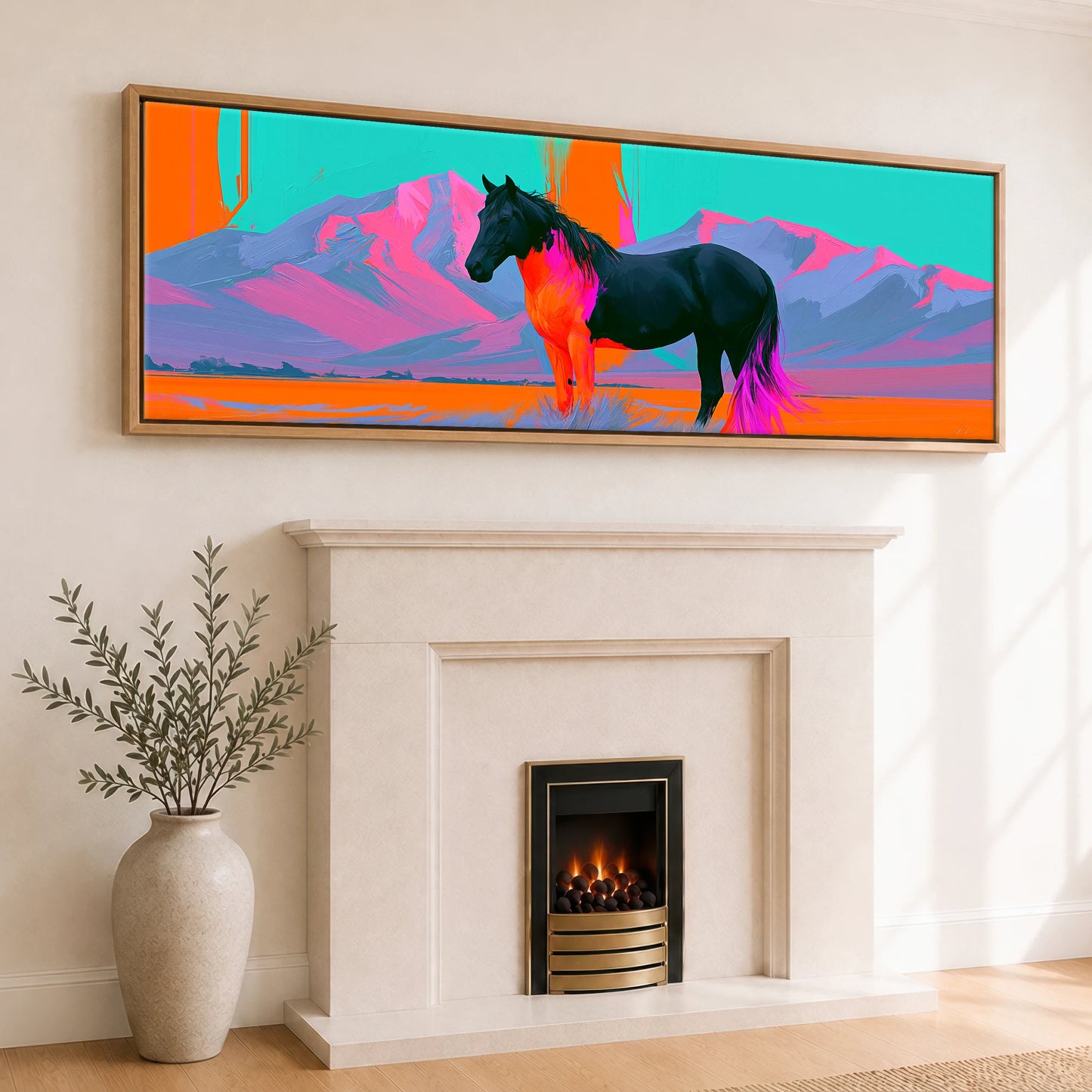 Electric Equine Horizon Horse Landscape panoramic canvas wall art displayed above a fireplace