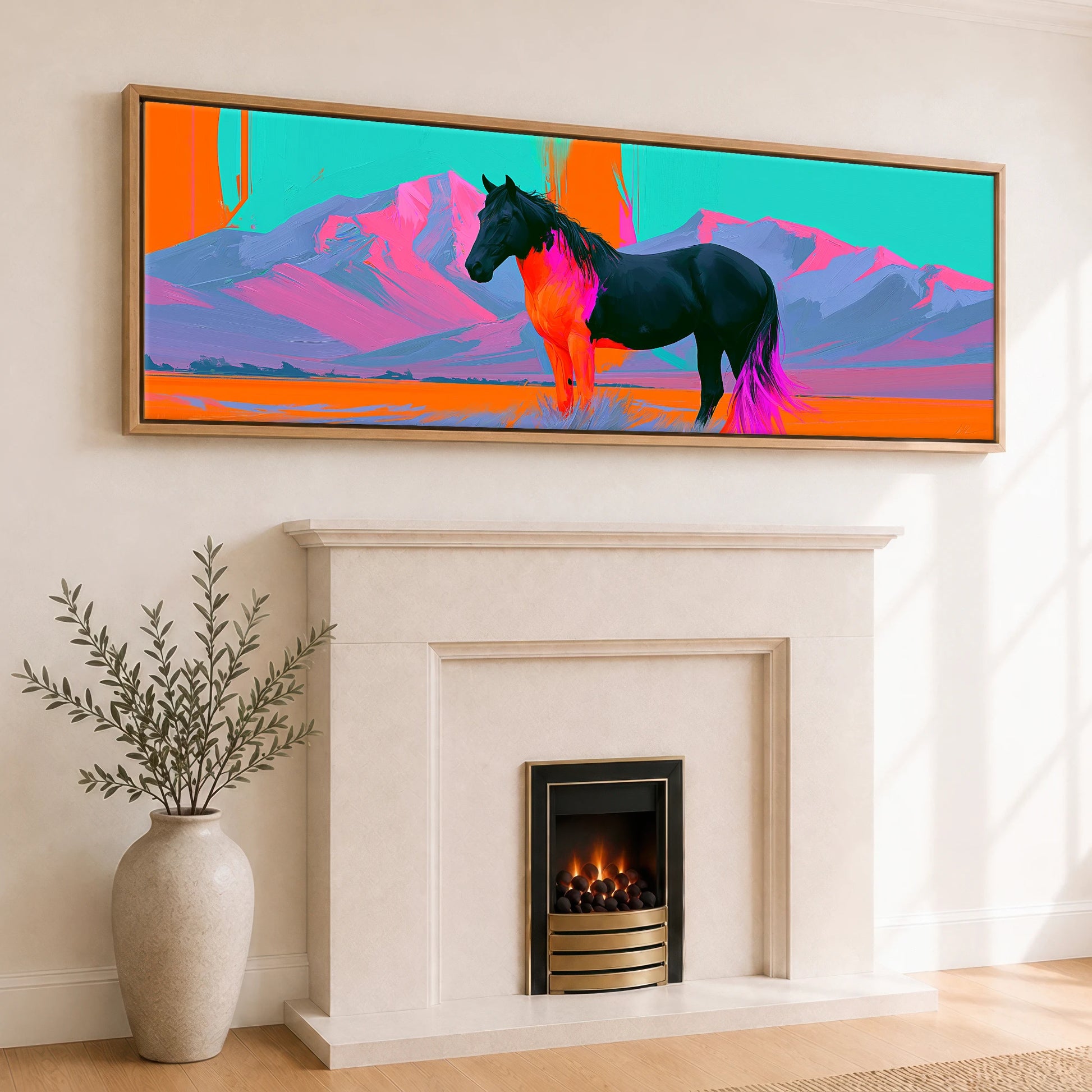 Electric Equine Horizon Horse Landscape panoramic canvas wall art displayed above a fireplace