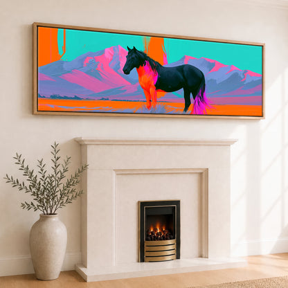 Electric Equine Horizon Horse Landscape panoramic canvas wall art displayed above a fireplace