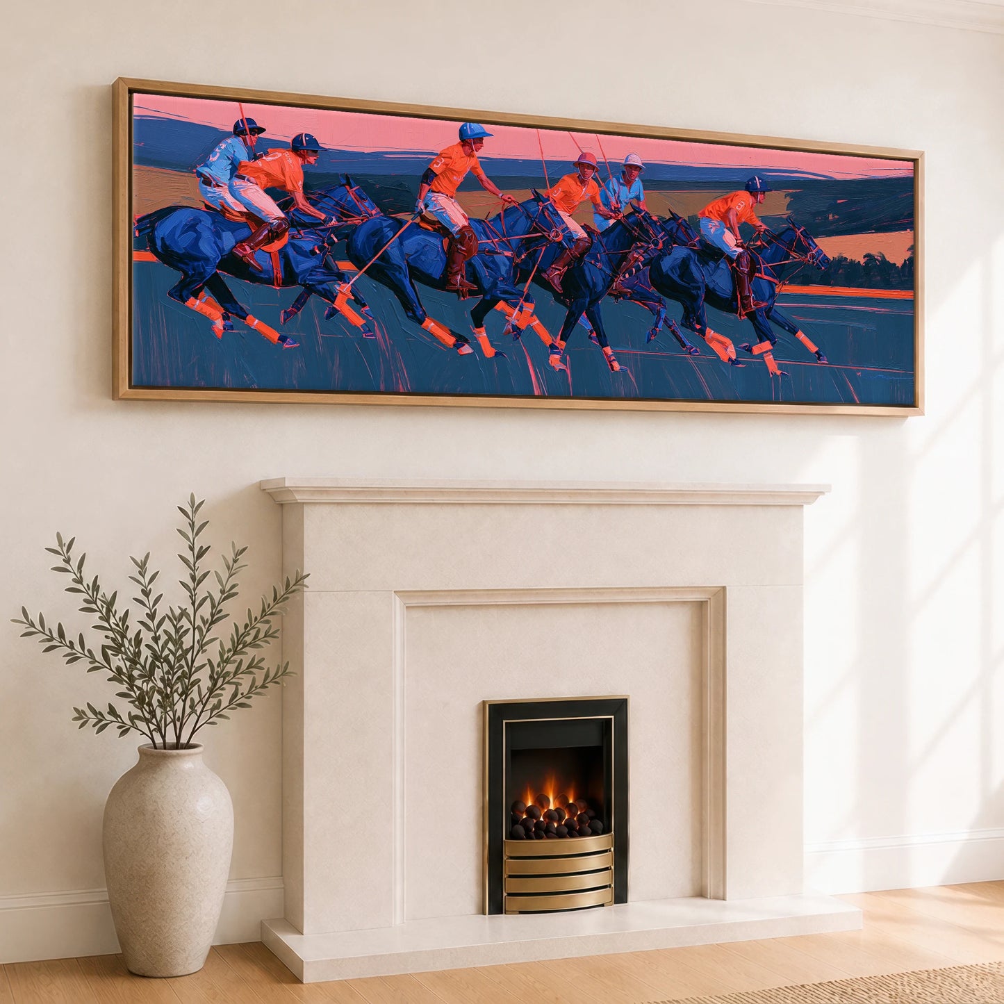 Vibrant Polo Charge Polo Horse panoramic canvas wall art displayed above a fireplace