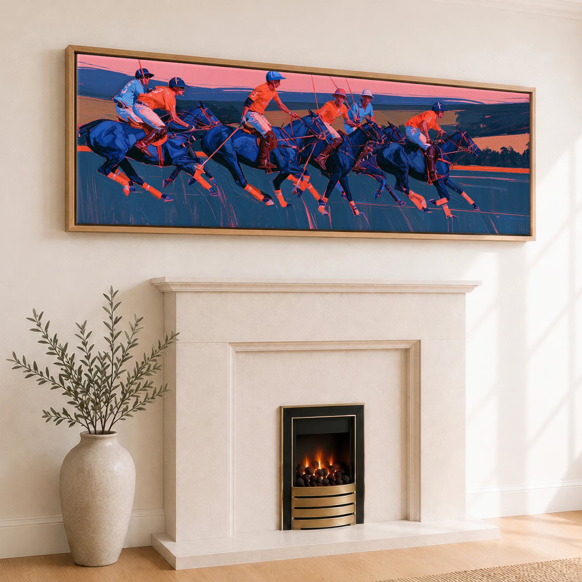 Vibrant Polo Charge Polo Horse panoramic canvas wall art displayed above a fireplace