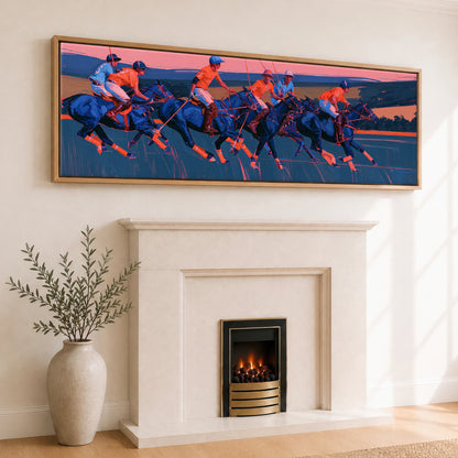 Vibrant Polo Charge Polo Horse panoramic canvas wall art displayed above a fireplace