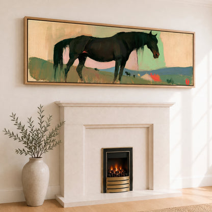 Dusk on the Ridge Horse Landscape panoramic canvas wall art displayed above a fireplace