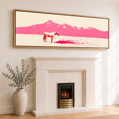 Magenta Mountains Horse Landscape panoramic canvas wall art displayed above a fireplace