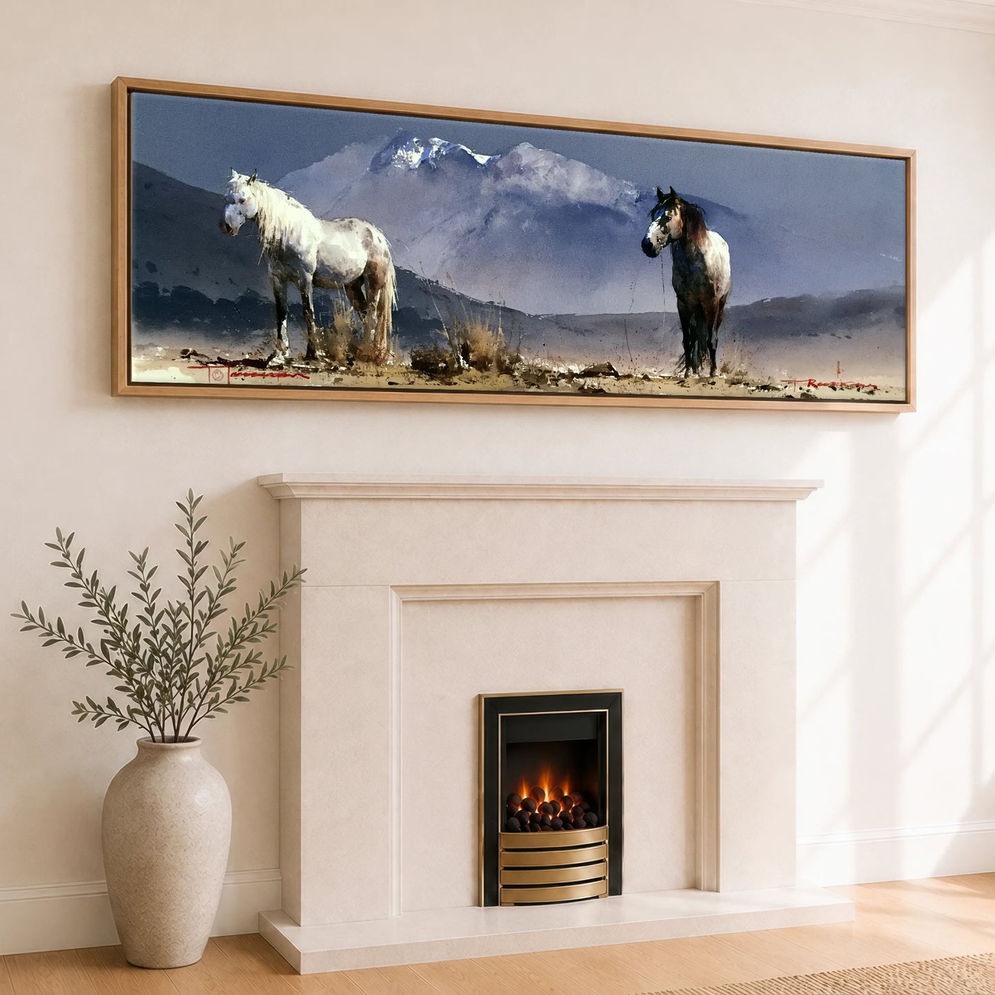Mountain Solitude Horse Landscape panoramic canvas wall art displayed above a fireplace