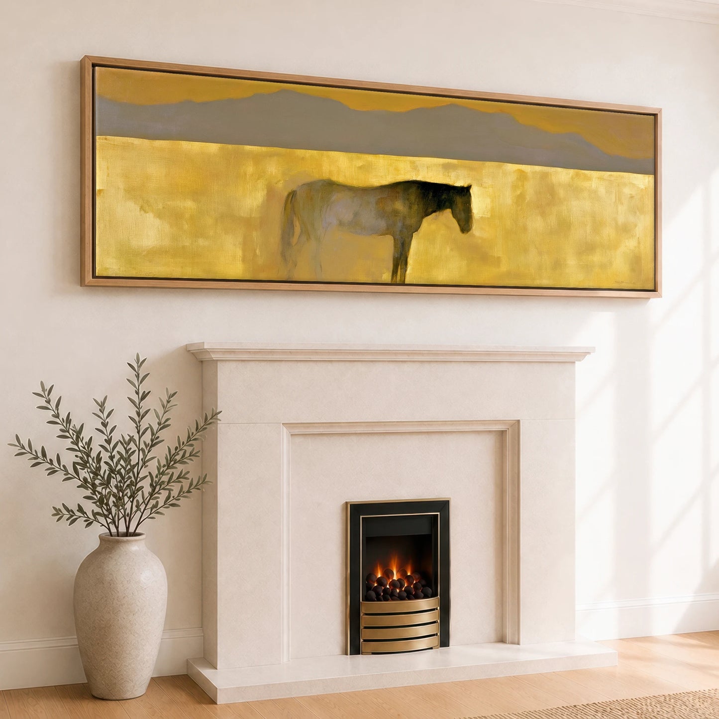 The Golden Expanse Horse Landscape panoramic canvas wall art displayed above a fireplace