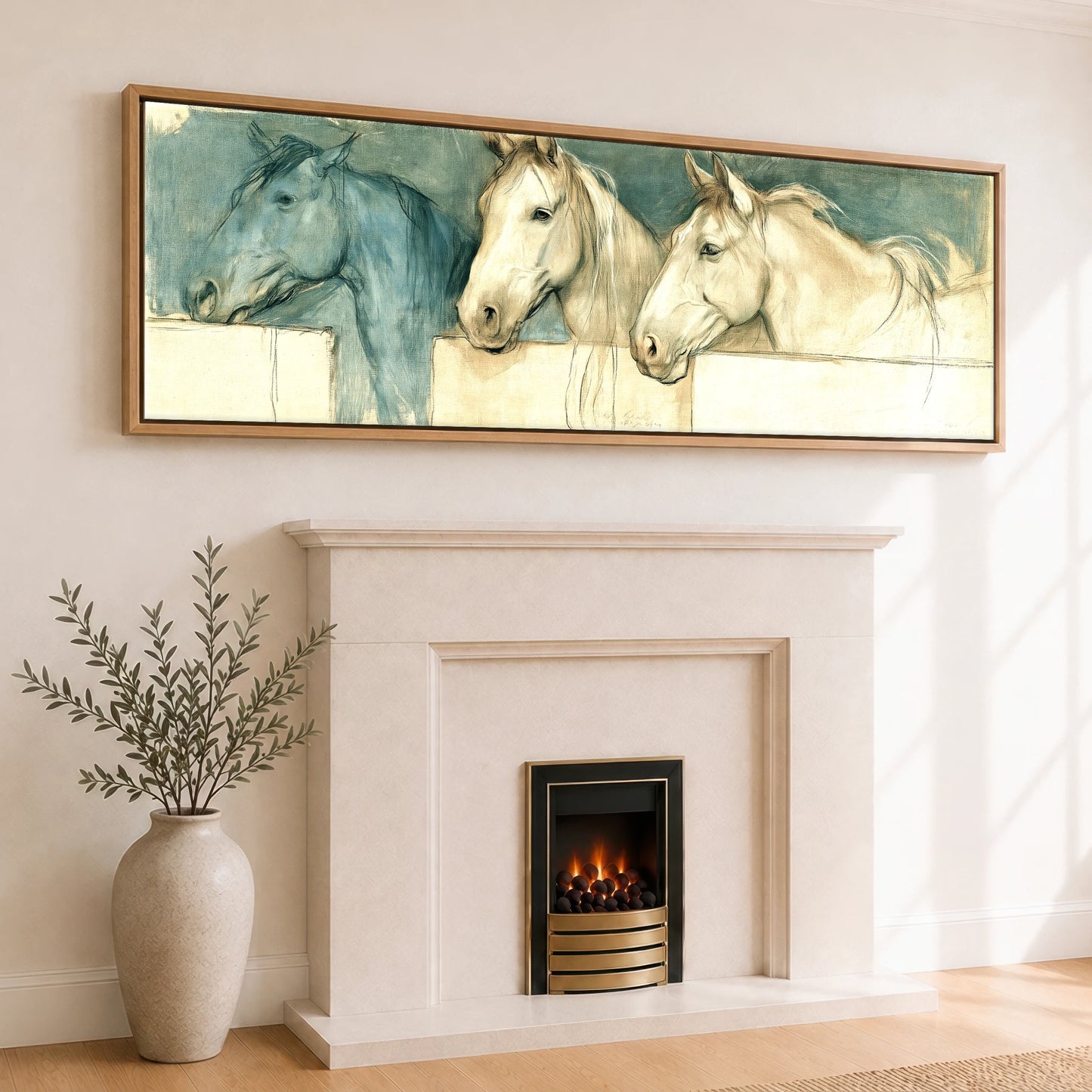 Over the Half Door Horse Stable panoramic canvas wall art displayed above a fireplace