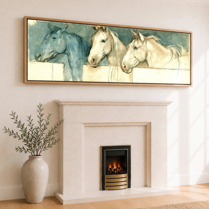 Over the Half Door Horse Stable panoramic canvas wall art displayed above a fireplace